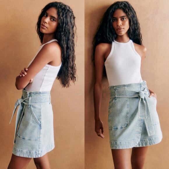 Sézane Lana Bleached Denim Wrap Mini Skirt with Tie Belt - Picture 3 of 17